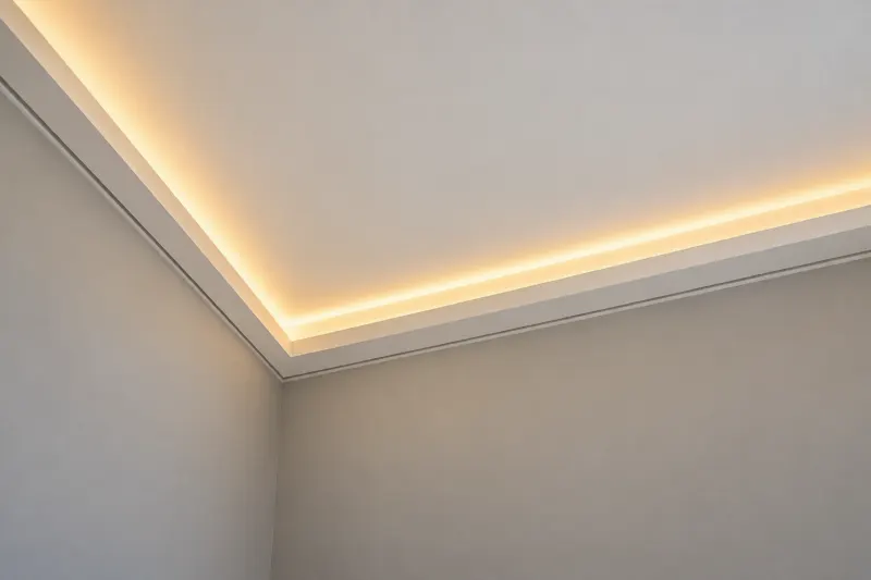 Living vacío con cielorraso de placa de yeso y garganta perimetral de luz cálida