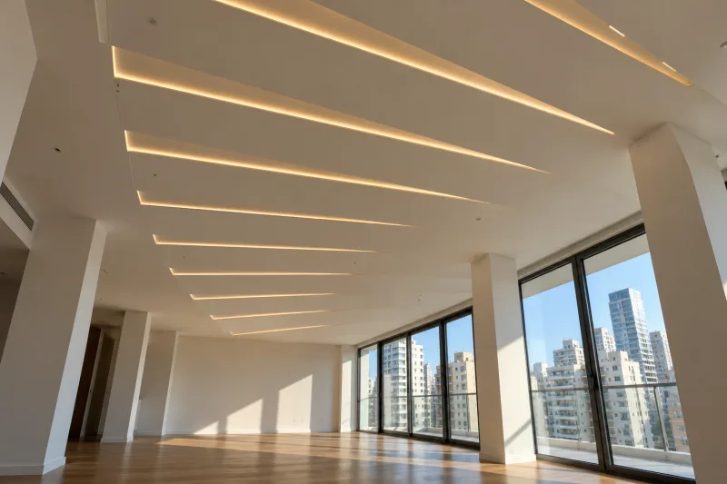 Cielorraso de yeso liso con buñas y garganta de luz indirecta en un living vacío