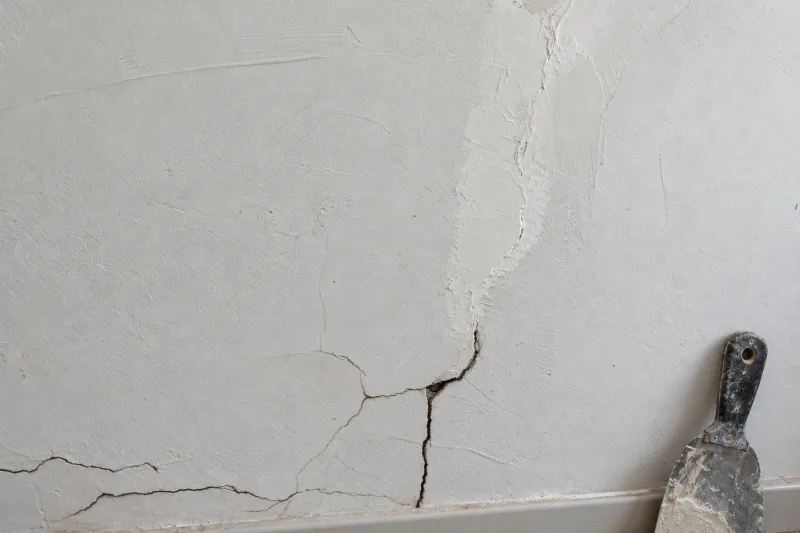 Grieta en una pared a medio reparar con yeso nuevo y una espátula apoyada