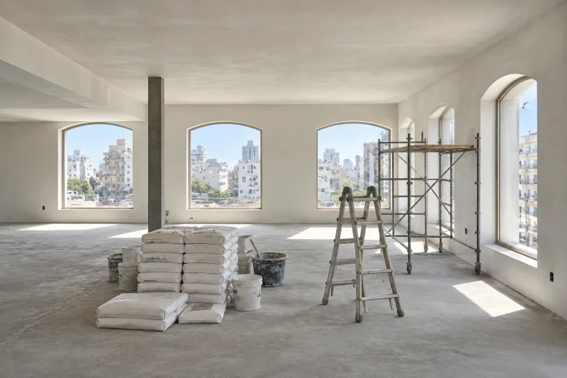 Piso de un edificio en obra con paredes y cielorraso revocados con yeso