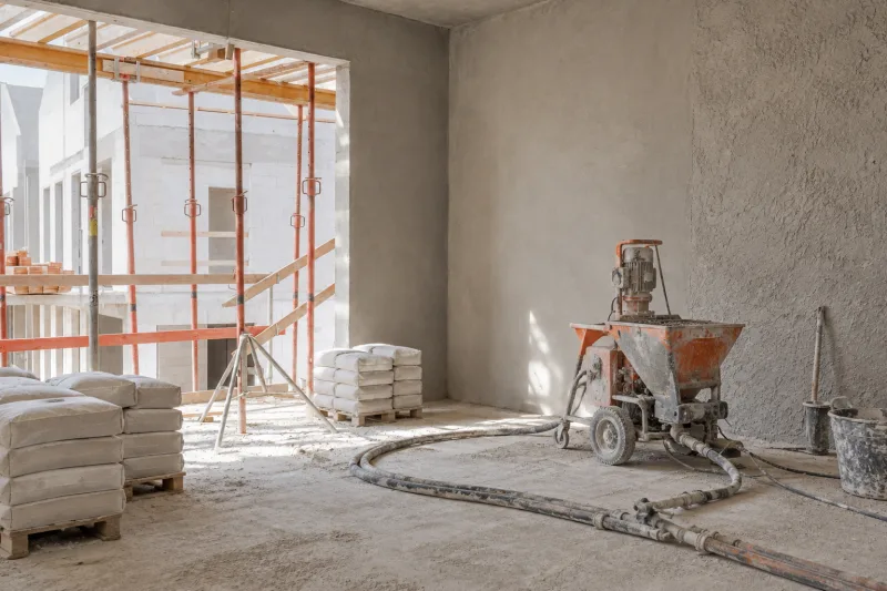 Obra con paredes de yeso proyectado y la máquina de proyectar en el piso